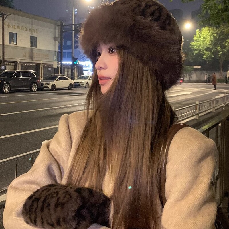 批发豹纹蒙古帽子毛绒小熊帽子女秋冬季仿水貂渔夫帽百搭围巾围脖|undefined