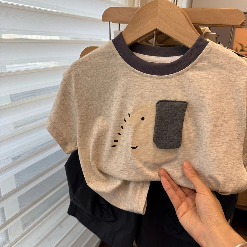 Cute baby elephant! Boys' All-match Cartoon T-shirt Children's Contrast Crewneck Bottoming Shirt Top Black Pants Two-piece Trendy