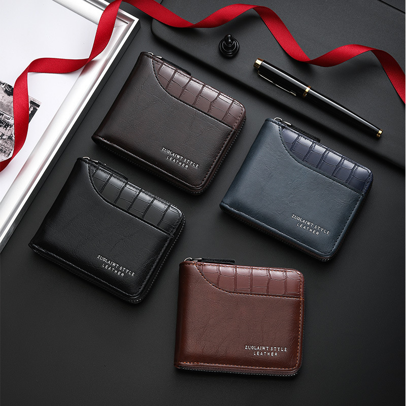 Manufacturer's Cross-Border Men's Short Wallet with Stone Pattern Stitching, Large Capacity, Zippered Coin Purse, Multi-Card Slots, Trendy Wallet