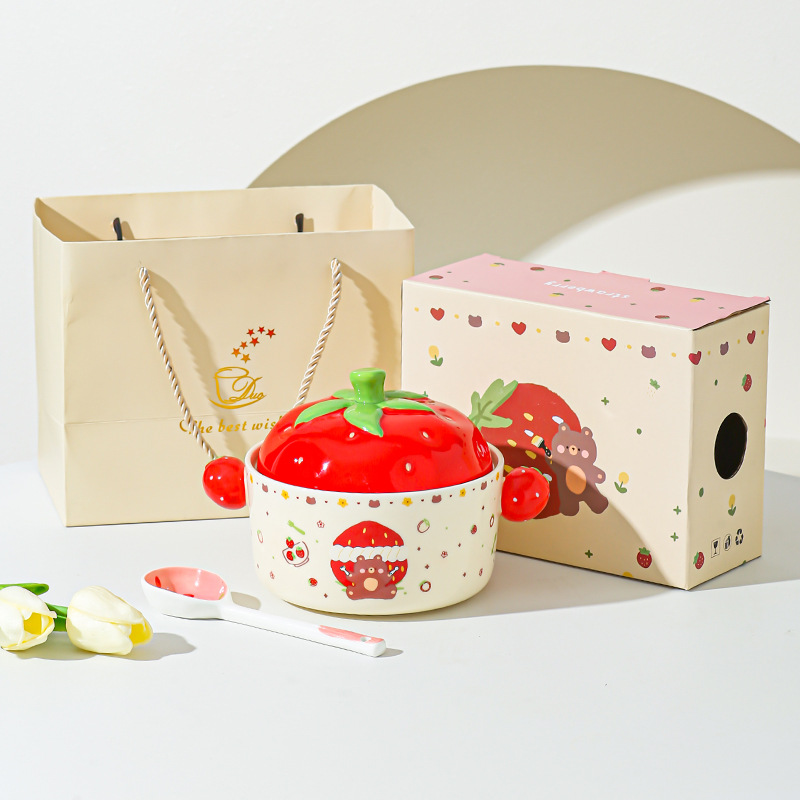 Cartoon Strawberry adorable tazón de fideos de chicas bolos de fideos caseros bolos de cerámica de doble oreja con cubierta cubierta de platos de regalo set de platos
