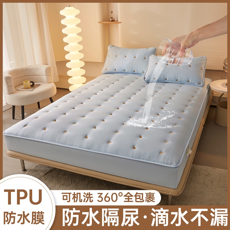 跨境夹棉防水床笠纯色刺绣床垫防尘保护套席梦思外贸床罩全包批发|undefined