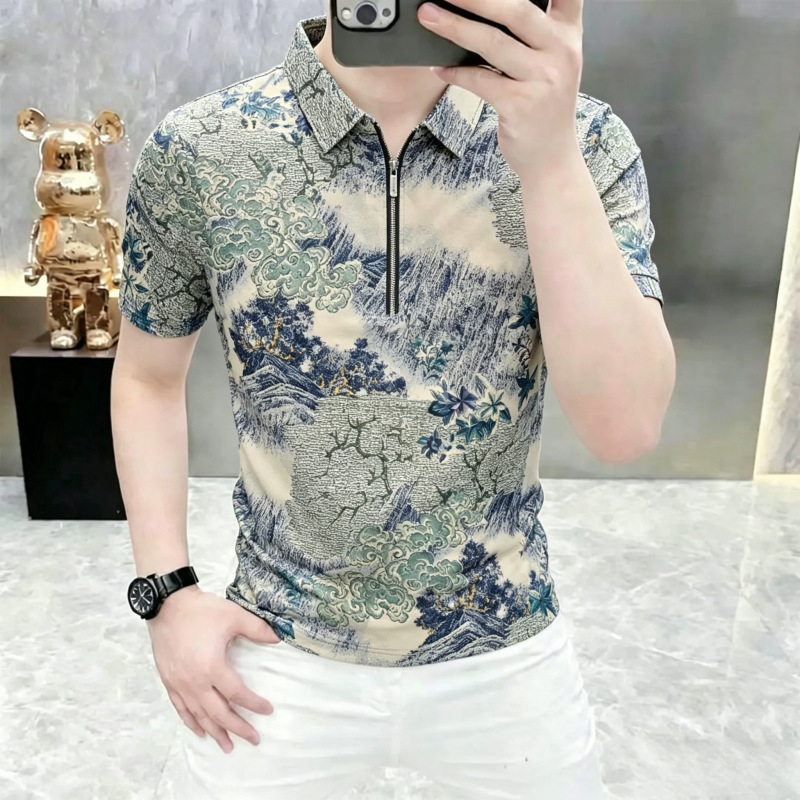 2026 Summer New Thin Style Men's Ice Silk Short-Sleeve Fashion Polo Shirt Slim Fit Printed Ink Painting Short-Sleeve