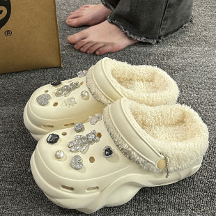fleece-lined thick-soled cotton slippers women's autumn and winter new outdoor wear increased warm detachable cartoon DIY hole shoes for winter