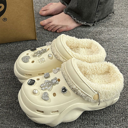 Velvet thick sole cotton slippers for women's autumn and winter new style outer wear height-increasing warmth detachable cartoon DIY hole shoes winter