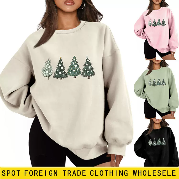 欧洲站ebay亚马逊时尚百搭舒适女士四棵牙齿圣诞树加厚毛绒卫衣衫