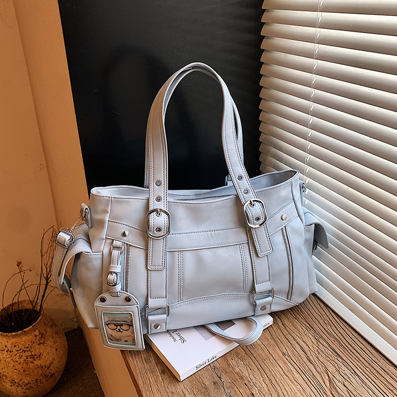 Korean Niche K-Pop Style Women's Motorcycle Bag - Black Sweet & Cool Spicy Girl Crossbody Large Capacity Tote Bag - Thumbnail 7