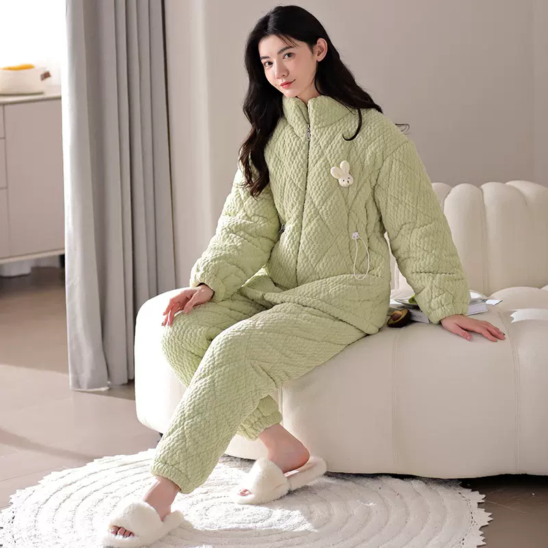 冬季牛奶绒三层夹棉睡衣女拉链可外穿冬天保暖家居服套装仙女风