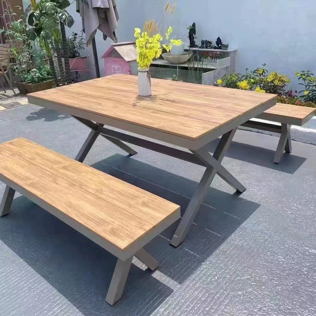 Mesas y sillas de patio al aire libre, mesas grandes, balcones, campamentos de ocio, mesas y sillas de madera de plástico de madera anticorrosiva, mesas exteriores de café y té con leche