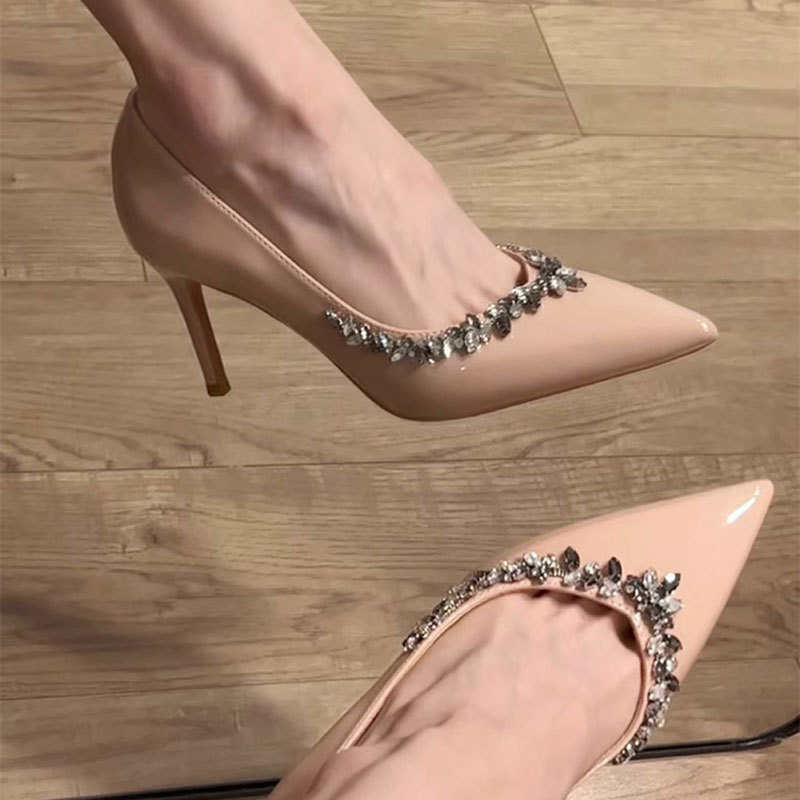 2025 New Spring and Autumn Rhinestone Flower Nude High Heels Pointed Royal Sister Sexy Stiletto Heel French Beautiful Single Shoes for Women