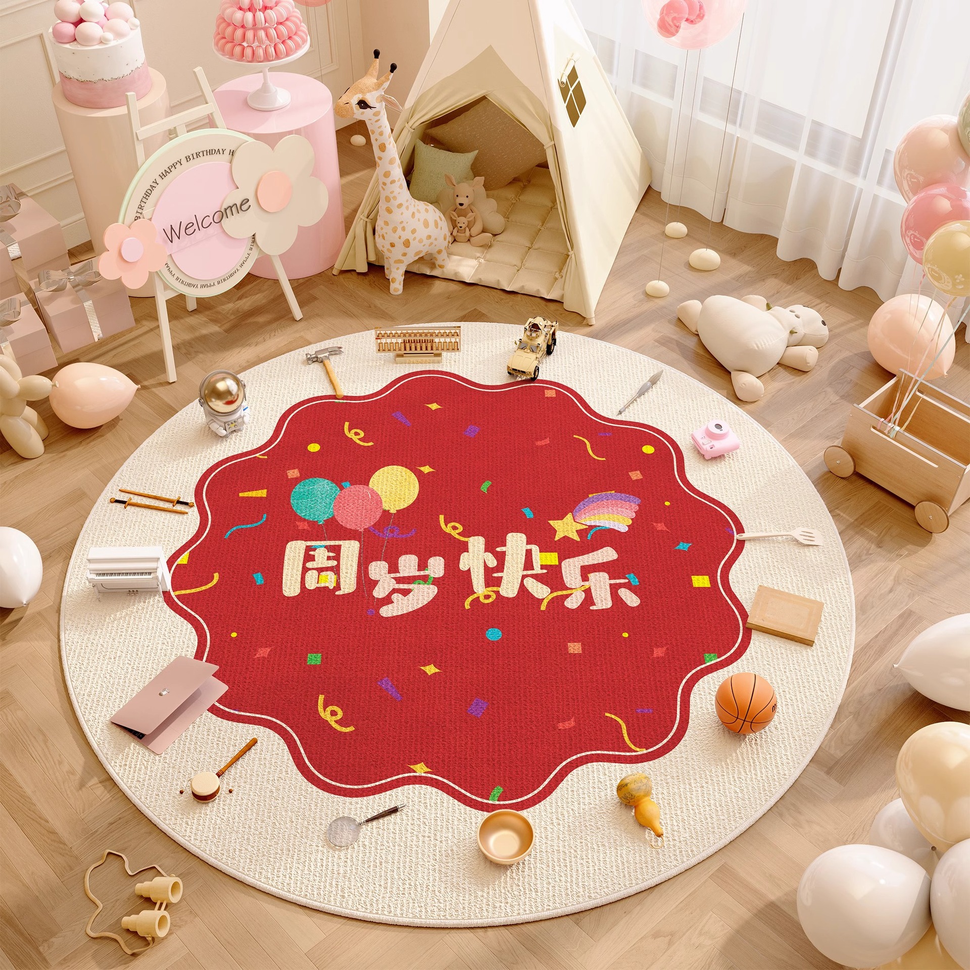 Casi alfombra de un año alfombra de cumpleaños props de diseño dragón bebé raspar la alfombra de la sala de estar para niños almohadilla redonda roja