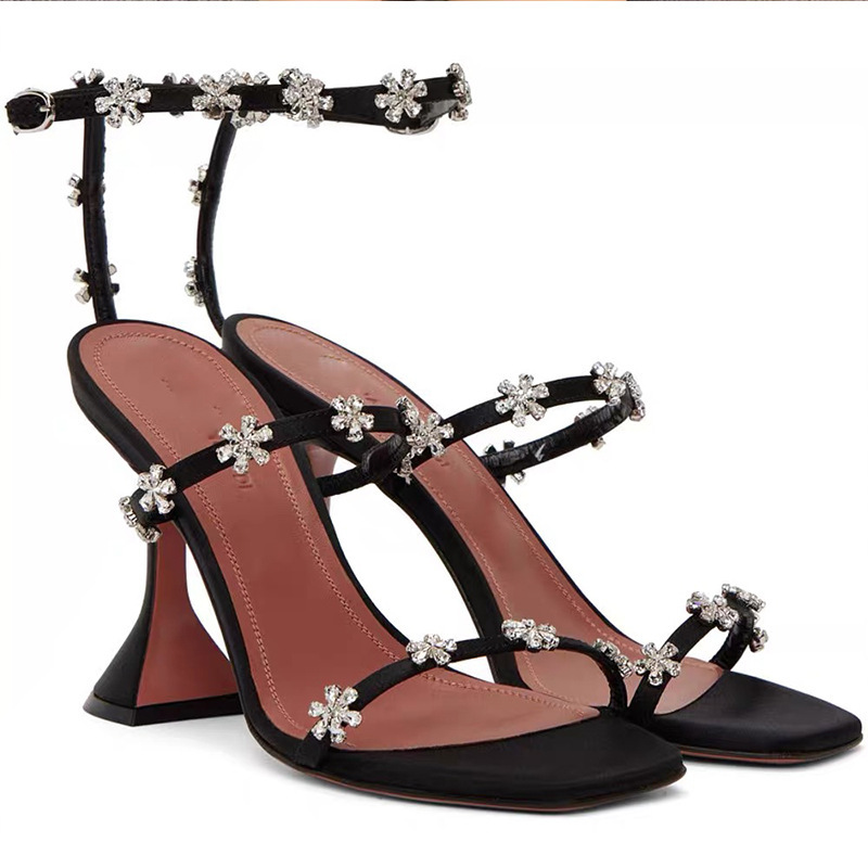 European and American Summer New Square-Toe Sandals for Women with Plum Blossom Rhinestone Wine Glass Heels and High Heels Cross-Border Dropshipping