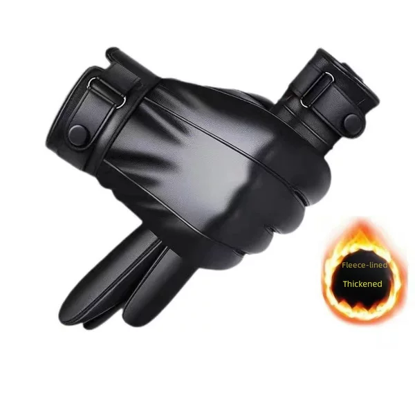 Leather Gloves for Men, Winter Cycling, Fleece-Lined, Warm, Windproof, Waterproof, Touchscreen Motorcycle Gloves, Wrist Protection, Mountain Bike