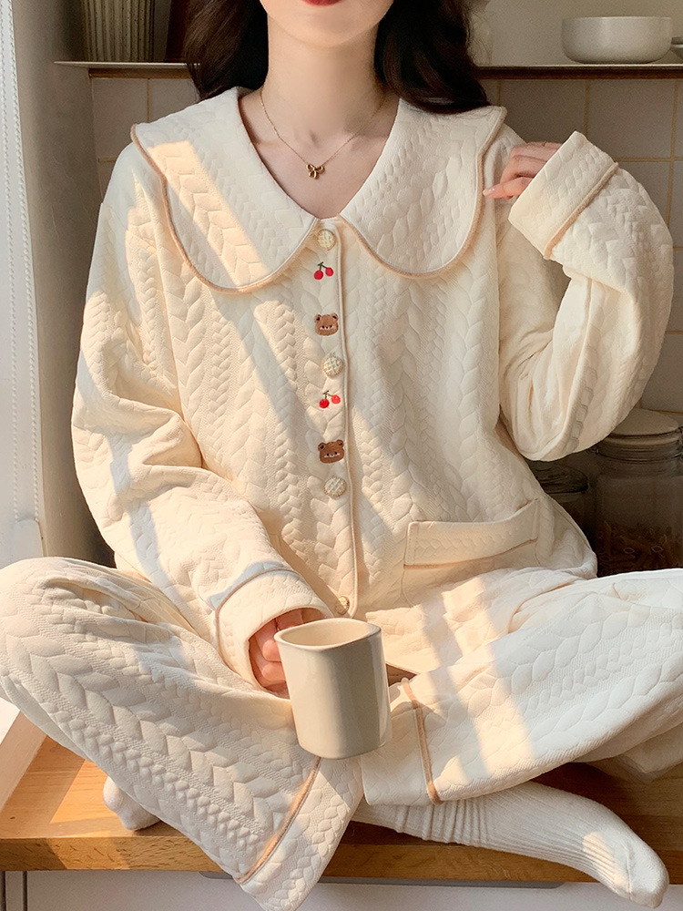 (2개) 잠옷 여성의 가을과 겨울 공기 면 샌드위치 2024 봄과 가을 새로운 긴 소매 두꺼운 여성의 귀여운 홈 의류 세트