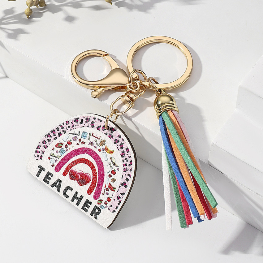 20g Weight Keychain Classification 1 Piece Quantity School, Graduation Occasion Wood Material Teachers' Day Festival Letter, Rainbow, Tassel Pattern Unisex Gender Modern Style Style Modern Style Letter Rainbow Tassel Wood Teachers' Day Unisex Keychain 5