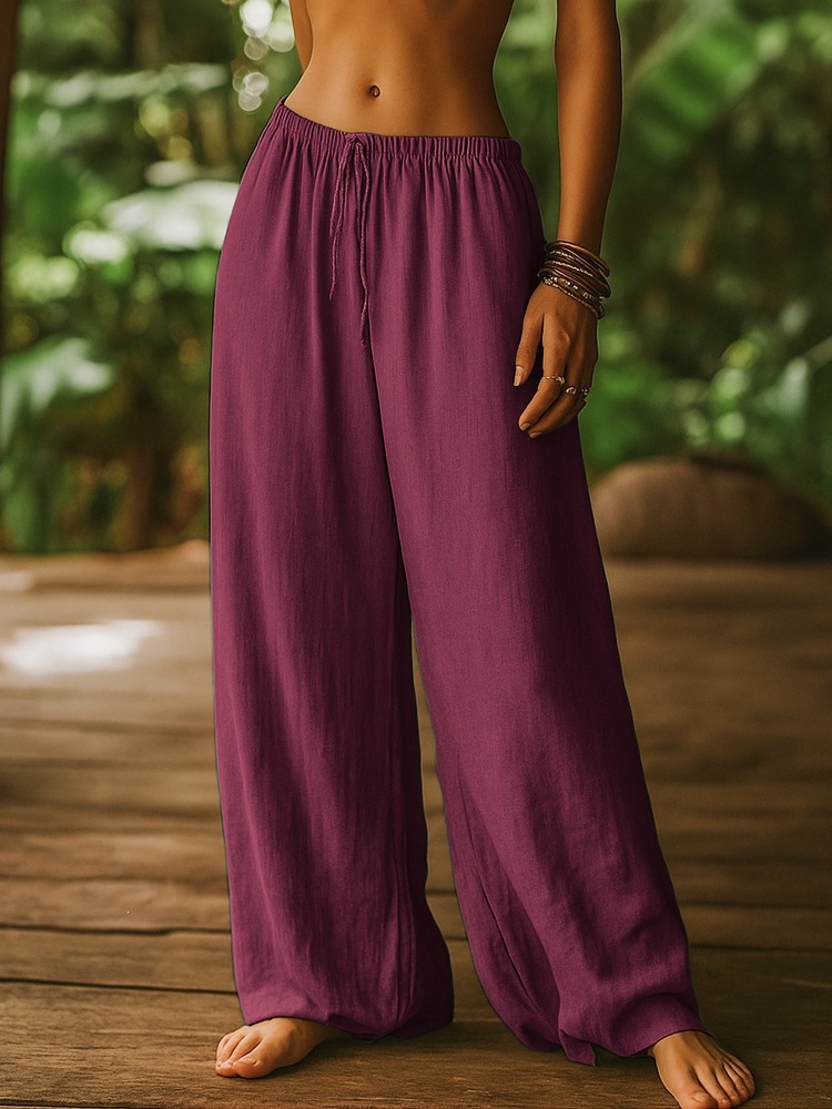 Women's Clothing Women's Cotton Linen Loose Straight Leg Pants With Elastic Waist And Pockets Solid Color Casual Bottoms_ecoleips.com