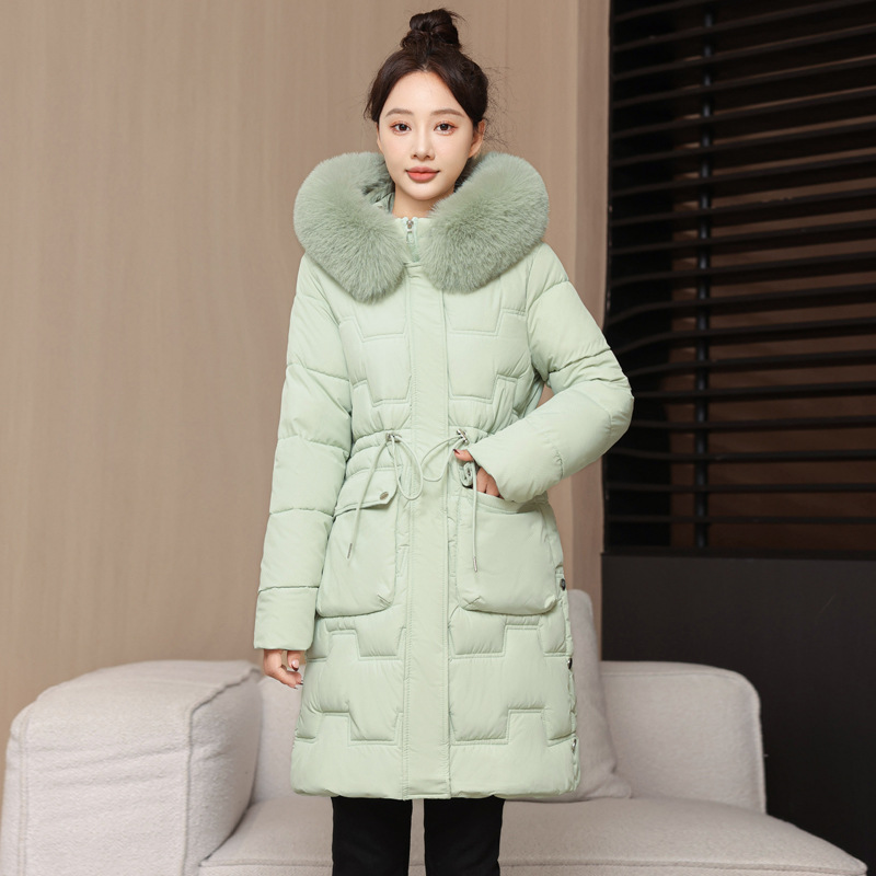 Algodón de invierno de mujer coreana chaqueta de algodón 2025 nuevo estilo coreano de cintura larga delgada chaqueta de algodón de cuello grande engrosado