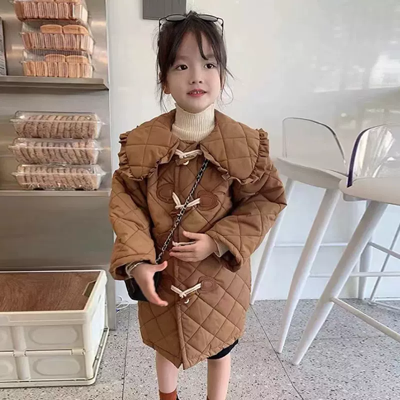 女童棉衣2026新款冬装女宝宝荷叶领长款外套中小童韩版格子棉服潮
