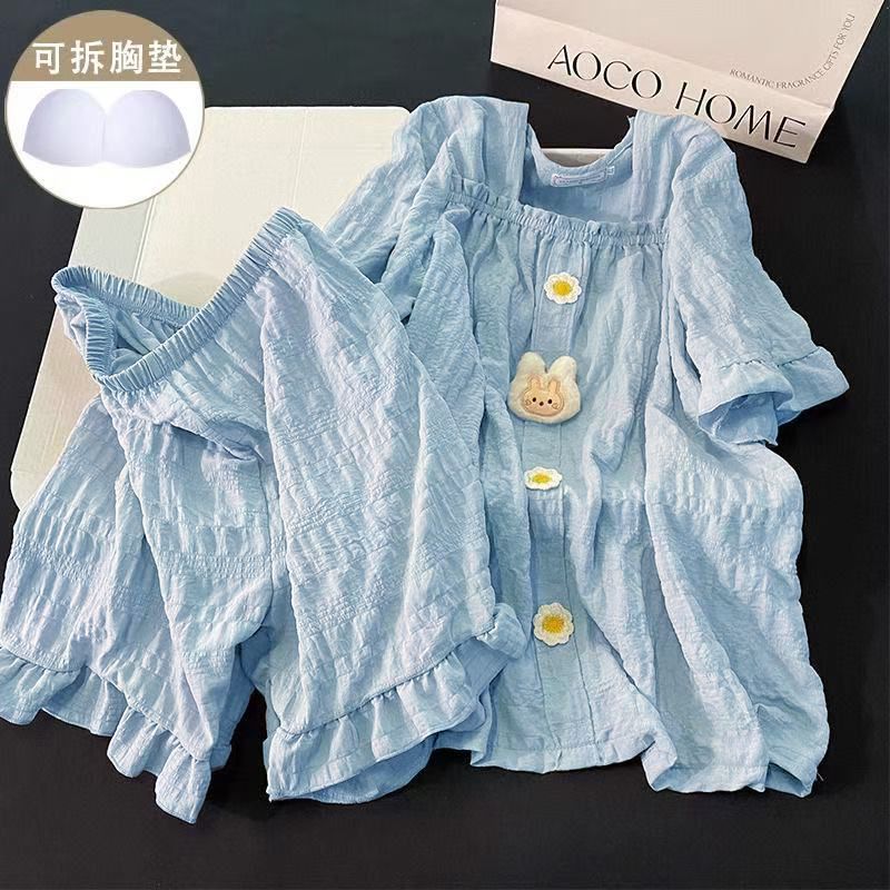 Venta al por mayor transfronteriza de verano con almohadilla para el pecho pijamas de algodón de nube pantalones cortos de manga corta para mujer estilo palacio conejo color sólido traje de servicio a domicilio