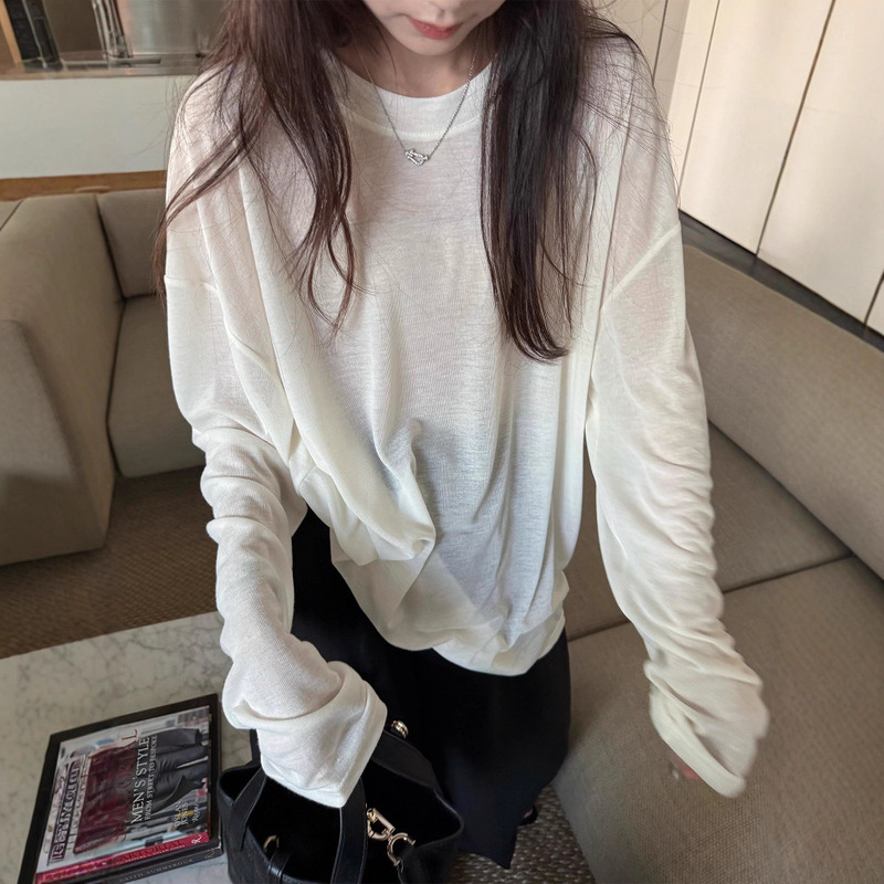 Superniniyy Water Muscle Mask T-Shirt Tencel Soft Round Neck Loose Slimming Look Sun Protection Long-Sleeved Top # Three Thousand Three Hundred Ninety-Five J