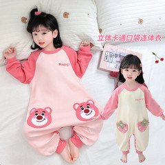 子供用2025ワンピースパジャマ、春と秋の純綿女の子用寝袋、女の子用ベビー子供用アンチキックホームウェア、空調服