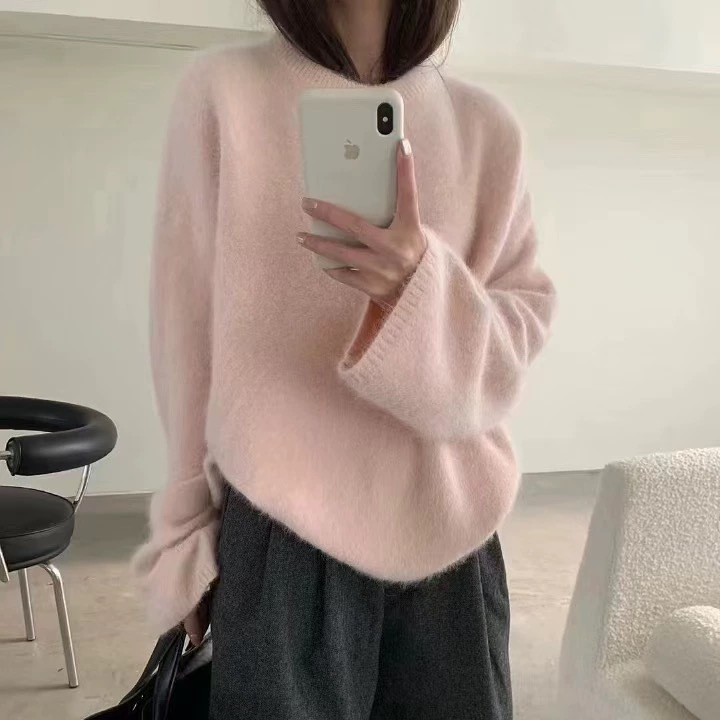 软糯奶fufu仿水貂绒套头毛衣女秋冬外穿宽松慵懒风毛茸茸针织上衣|undefined
