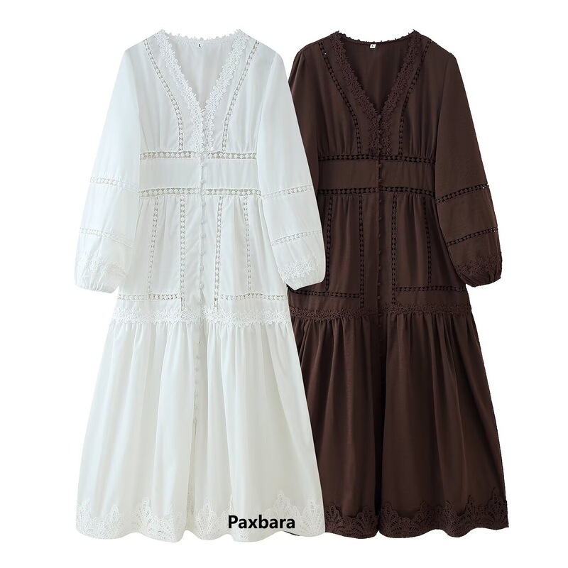 2025 Summer New European and American Cross-Border Women's Clothing Cut Out V Neck Lace Long-Sleeved Loose Dress W017 226 2025 Summer New European and American Cross-Border Women's Clothing Cut Out V Neck Lace Long-Sleeved Loose Dress W017 226