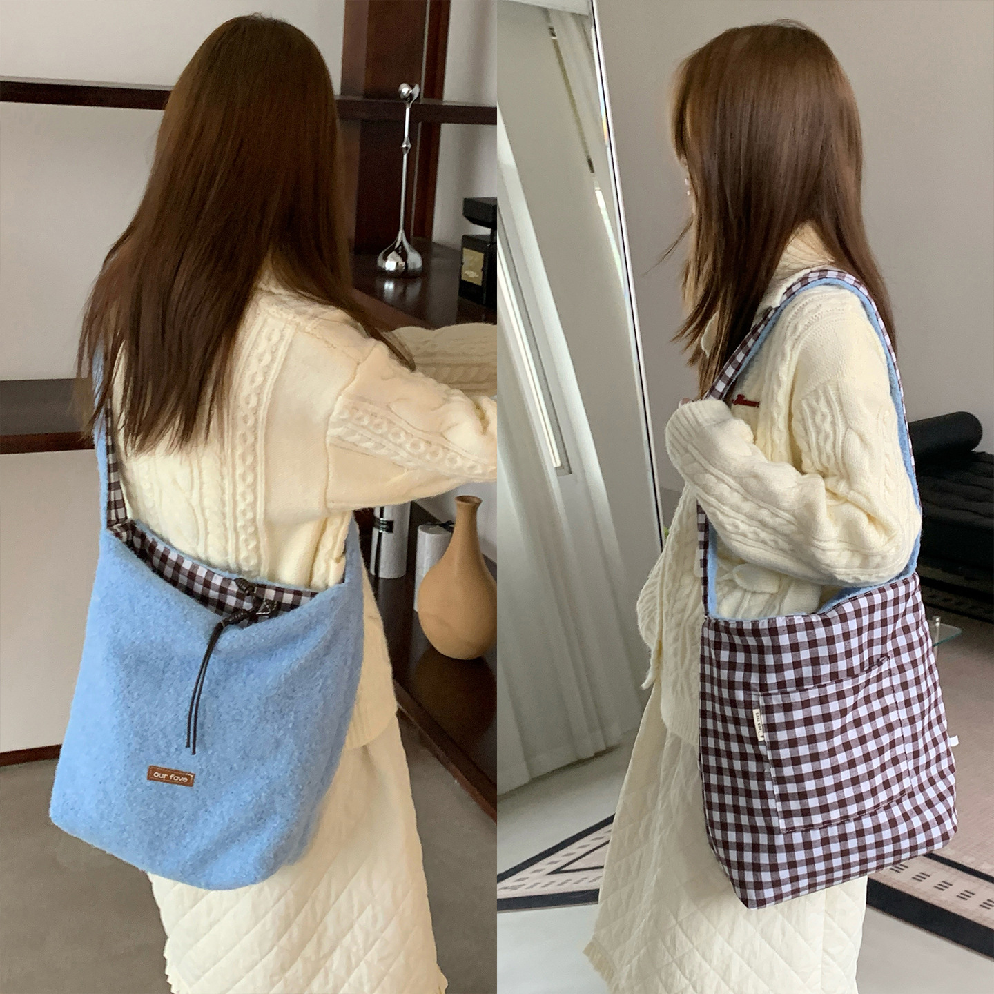 Gentle Baby Blue Plush Double-Sided Small Fresh Crossbody Bag Autumn and Winter Cream Large Capacity Lazy Style Bucket Bag