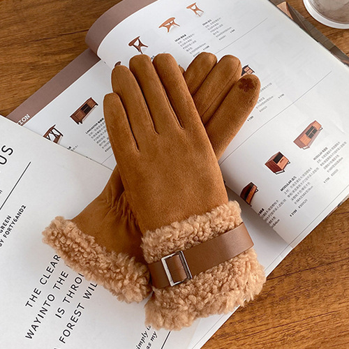 Leather buckle decorated suede finger gloves for women in autumn and winter plus velvet and thickening to keep warm and cold-proof touch screen riding electric bike