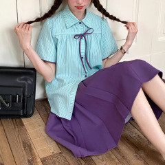甘いカレッジネックラインリボンルーズシャツ女性のレースアップ夏通勤多用途ファッションスーツ