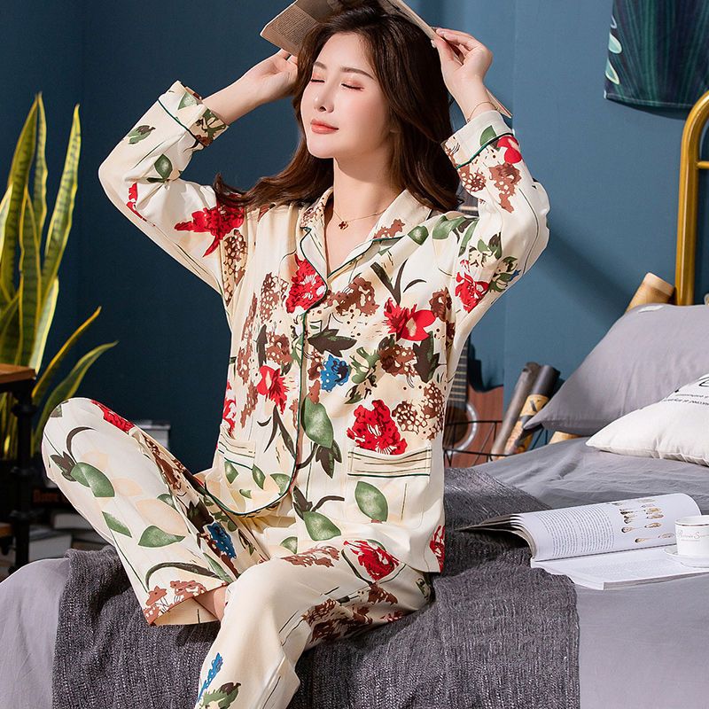 Pijamas de mujer de mediana edad 100% algodón de manga larga mamá primavera y otoño ancianos más tamaño suelto ropa para el hogar Otoño e Invierno