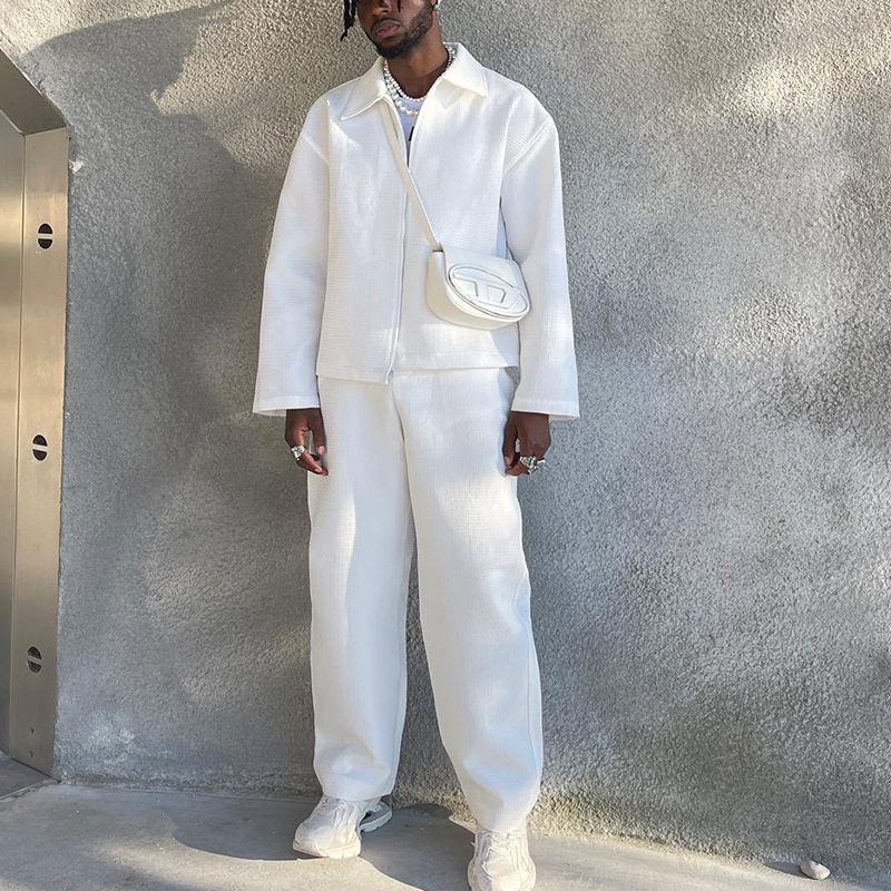 现货秋冬时尚夹克休闲裤两件套销男装身新款修潮流纯色男式套装