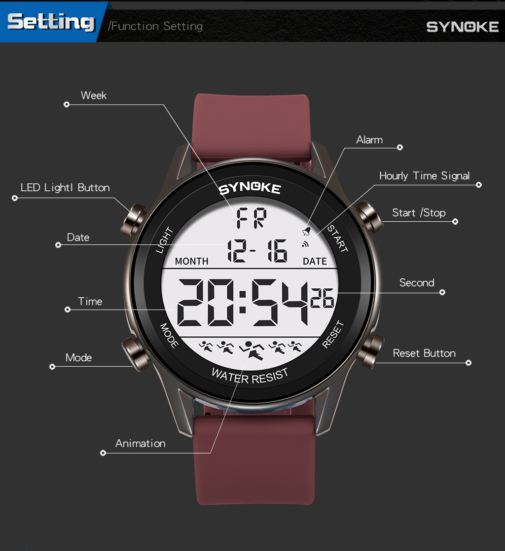 SYNOKE Men's Sports Silicone Electronic Watch Waterproof Luminous Large Screen Outdoor Mountaineering Watch Running Student Fashion_voghion.com