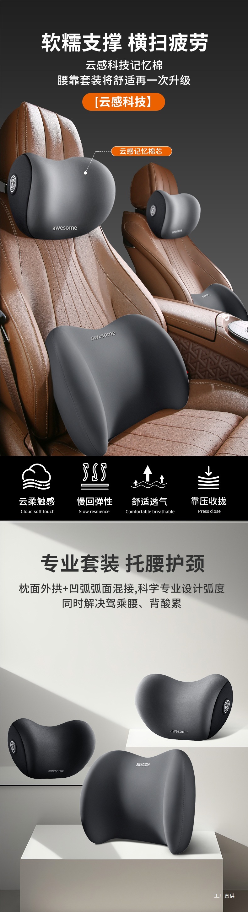 Car Headrest and Lumbar Support Cushion Seat Backrest Car Lumbar Pad Lumbar Support Neck Pillow Ji Peihui