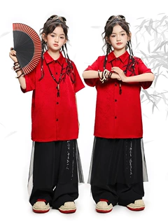街舞儿童潮服嘻哈潮牌男女童中国风红色衬衫套装hiphop潮酷演出服