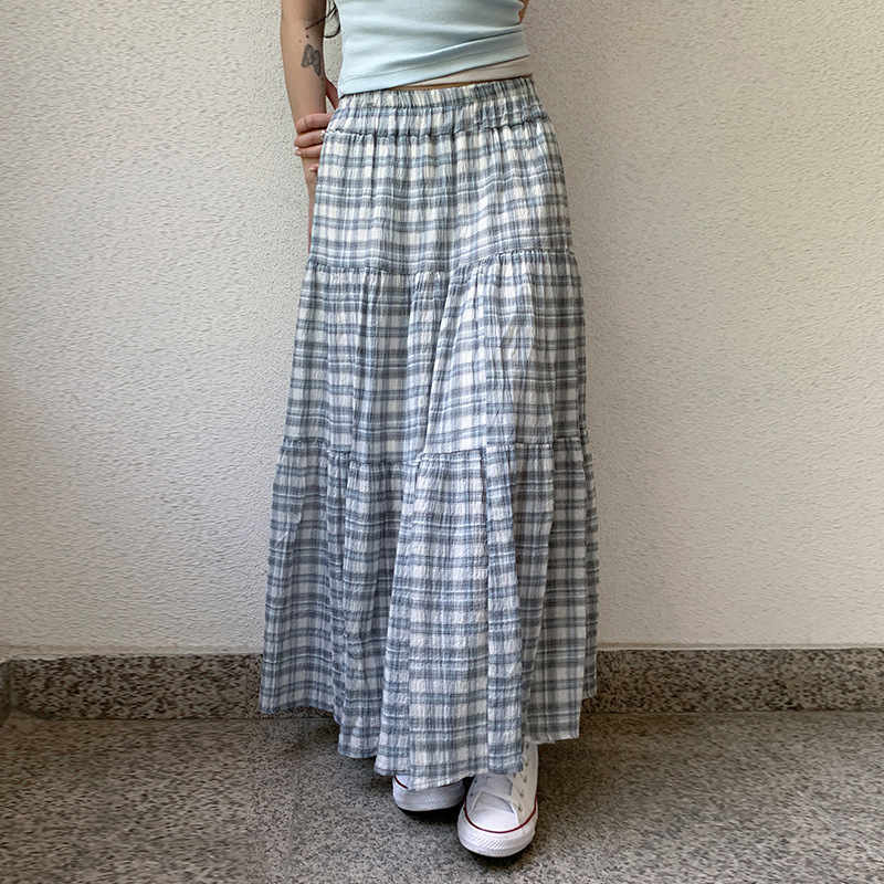 甜美风蓝色格纹拼接半身裙裙女2025夏季美式辣妹高腰A字裙长裙潮|undefined