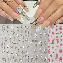 国风新款美甲贴纸浮雕汉字白色兰花叶子花卉美甲背胶指甲贴批发