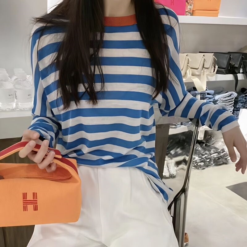 Autumn New Cotton Long-Sleeve Knit Sweater for Women, Striped Round-Neck Top, Same Style as Faye Wong, Loose Plus-Size Base Shirt for Women
