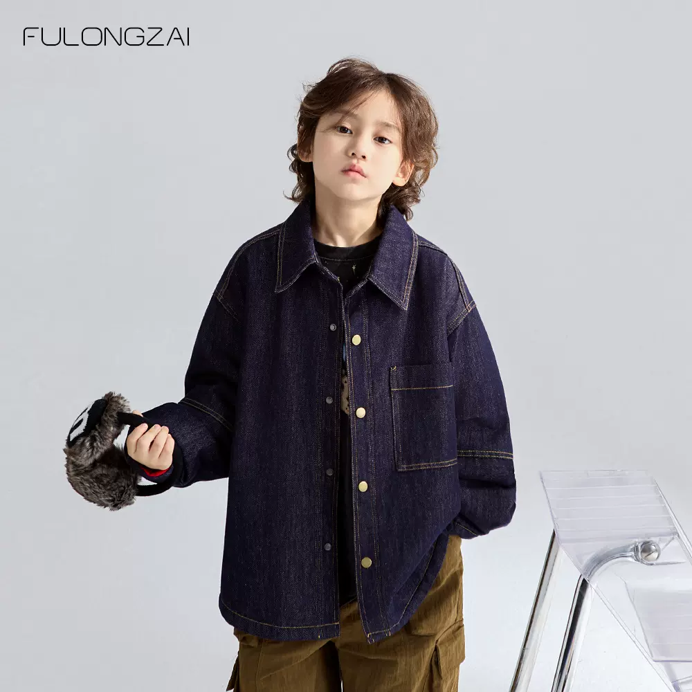 亲子童装2024冬季男女童新款中大童宽松洋气加绒加厚儿童牛仔衬衫
