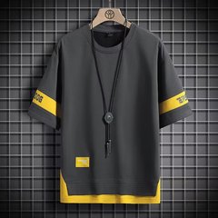 ブランド半袖tシャツメンズ夏新作ゆるいカジュアル丸首半袖T青少年かっこいい偽2枚上着