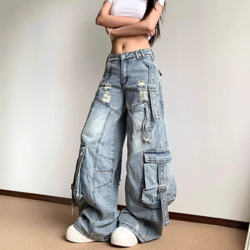 美式复古街头风重工hiphop牛仔裤做旧磨破宽松大口袋工装阔腿长裤|undefined