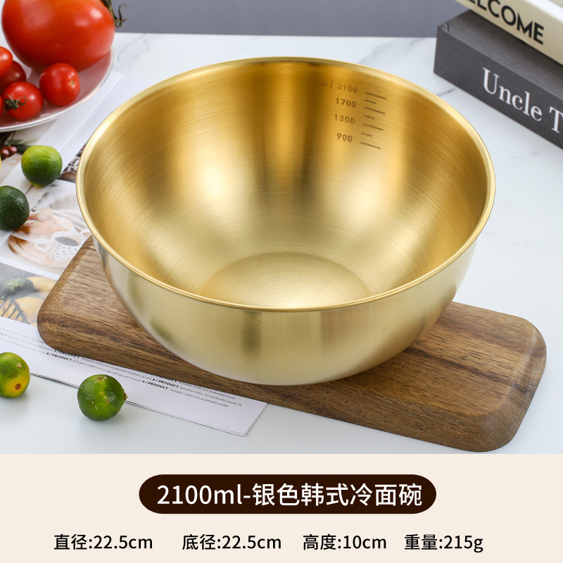 Venta al por mayor de fideos fríos de estilo coreano comercial de acero inoxidable ensaladera tazón de ensalada de frutas y verduras con escala de mezcla de Corea del Sur