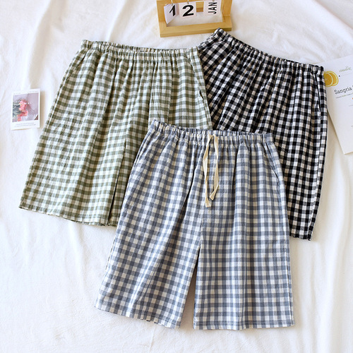 Men's pure cotton summer thin loose home comfort simple checkered home pants plus size beach pants