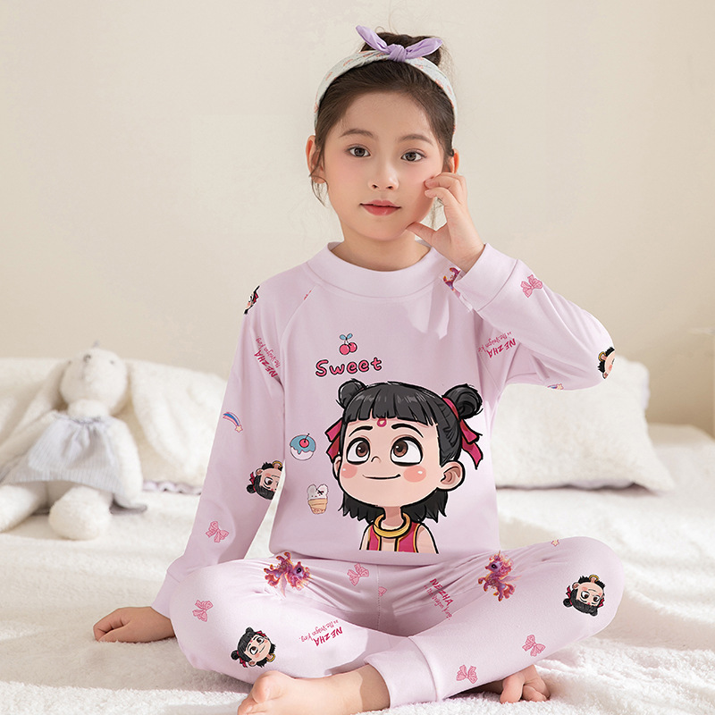Nezha New Autumn Clothing Set for Girls, Pure Cotton Base Layer Underwear, Children's Cartoon Girl Baby Thermal Underwear Set
