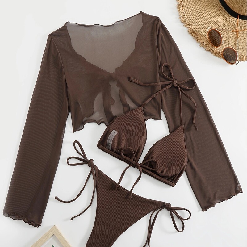 2026 New Cross-Border European and American Three-Piece Bikini Set with Stylish Design, Tie-Up Sun-Protective Thin Cardigan, Women's Swimwear