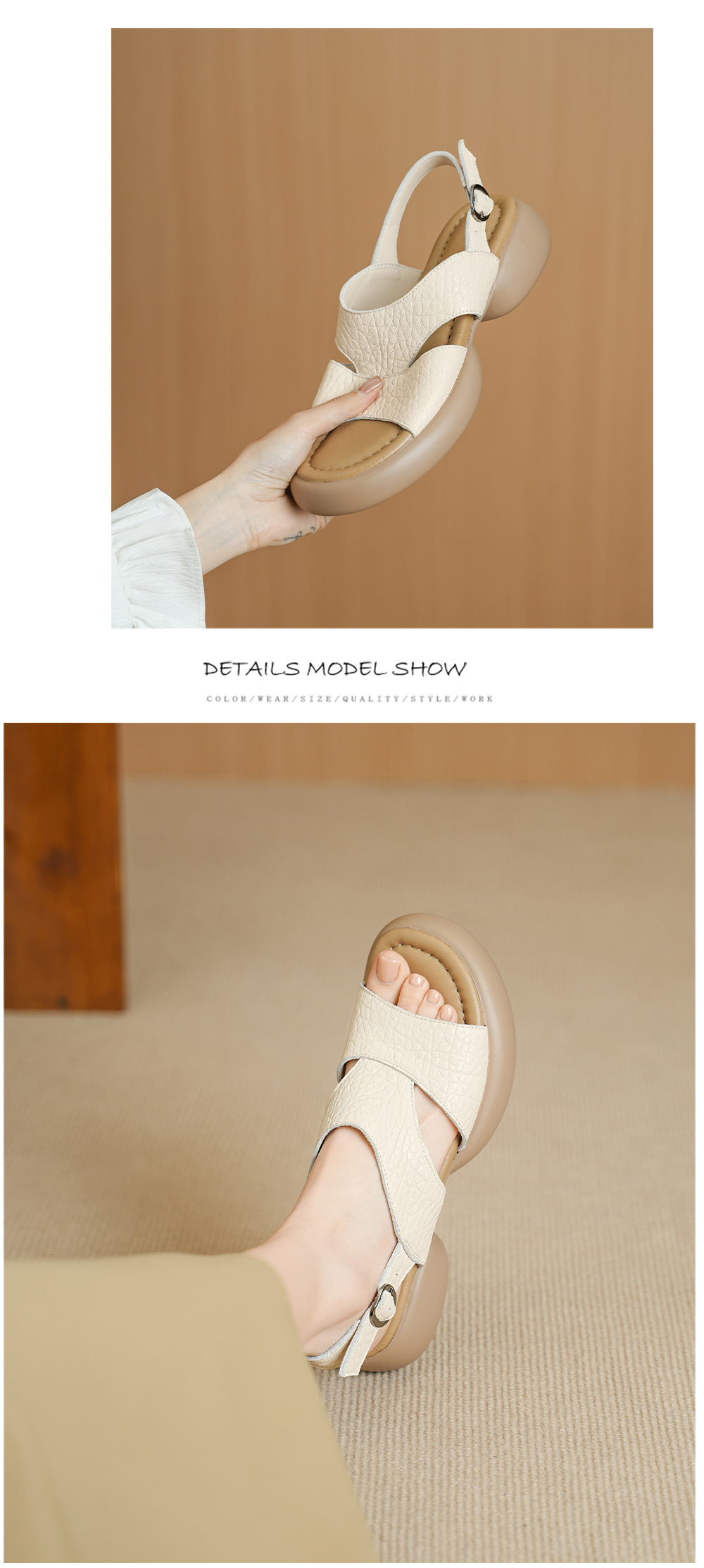 Sandal nữ hở mũi gót vuông đế dày quai ngang — Xám voi chi tiết 7