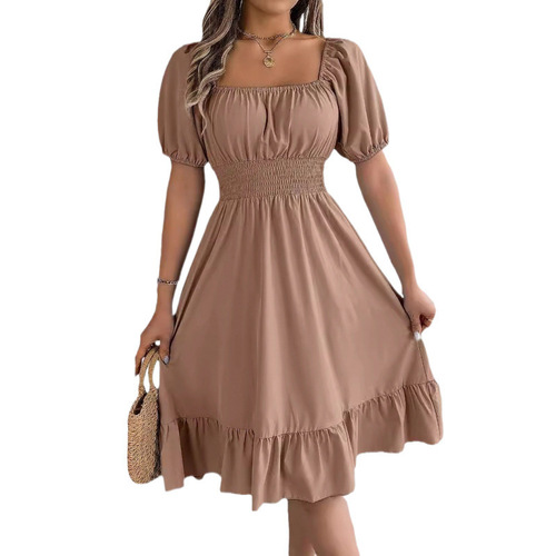 2025 Spring and Summer European and American Casual Square Collar Short Sleeve Waist Inset Ruffled A-Line Skirt Independent Station Cross-border Women's Clothing 