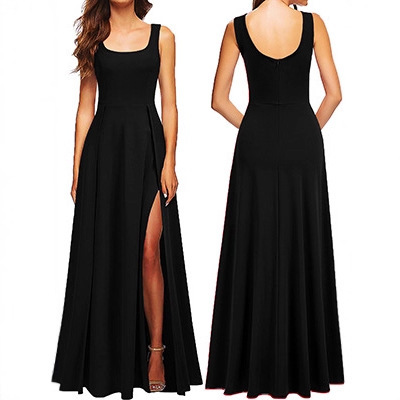 Cross-Border European and American Style Square-Neck Sleeveless High-Waisted Slim-Fit Long Slit Cocktail Party Dress Hot-Selling Sexy Dress
