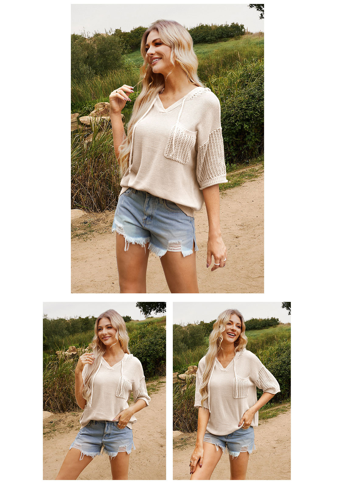 Sudadera con capucha mujer de punto cuello en v manga corta_voghion.com
