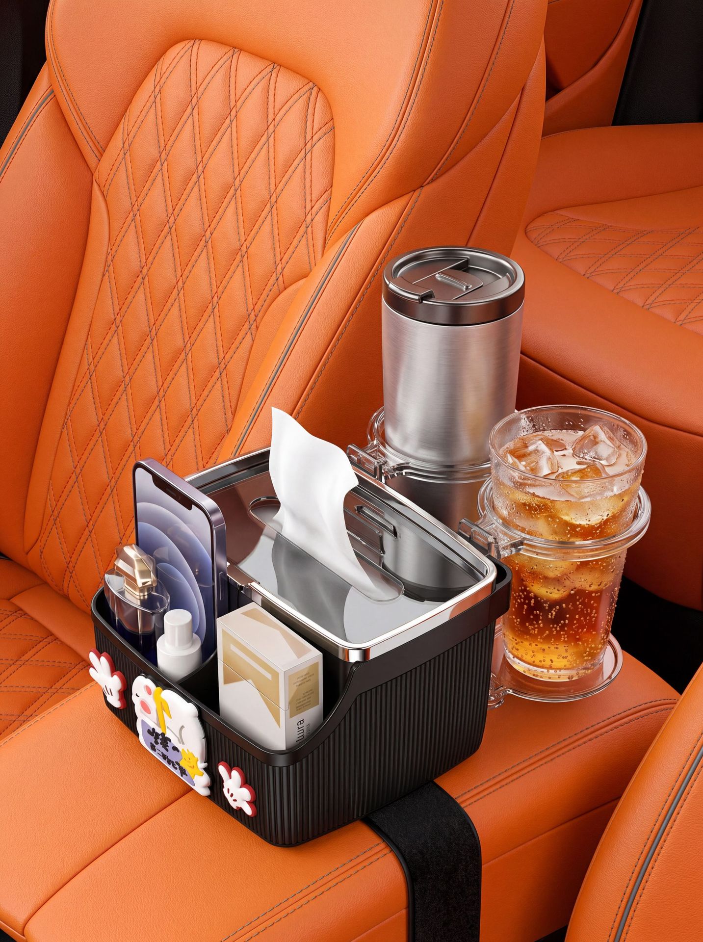 Car Armrest Storage Box, Creative Multifunctional Tissue Box for the Car Interior, Rear Seat Foldable Cup Holder, Cartoon Cute Design