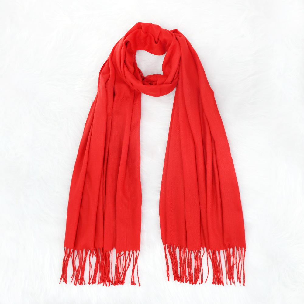 Bufanda de cachemira de imitación de color sólido de otoño e invierno Mujer roja Reunión anual impresa LOGO Bordado 200g Chal cálido babero al por mayor